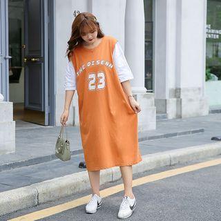 Mock Two-piece Short-sleeve Lettering Midi T-shirt Dress