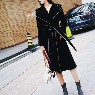 Contrast-trim Waist-tied Lapel Coat