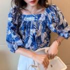 Elbow-sleeve Square Neck Floral Blouse