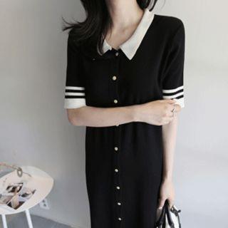 Contrast-trim Button-front Knit Dress