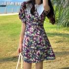 Contrast Collar Short-sleeve Floral Mini A-line Dress