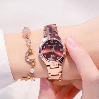 Set: Alloy Bracelet Watch + Rhinestone Moon Bracelet