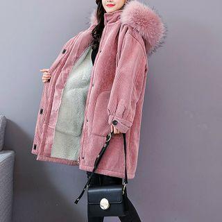 Furry-trim Hooded Corduroy Zip Coat