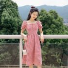 Gingham Puff-sleeve Square-neck Midi A-line Dress