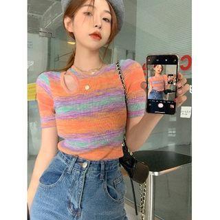 Short-sleeve Cutout Knit Top Purple & Green & Orange - One Size