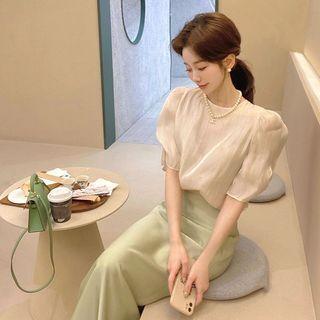 Set: Short-sleeve Crew Neck Blouse + Midi Pencil Skirt