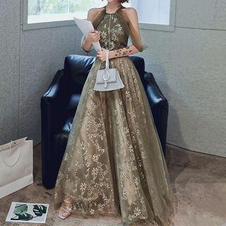 Halter-neck Floral Embroidered Sequined A-line Evening Gown