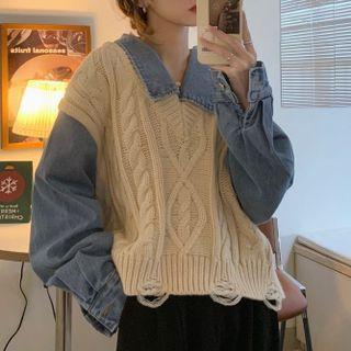 Mock Two-piece Distressed Cable-knit Sweater
