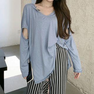Hooded Long-sleeve Plain Ripped Slit T-shirt