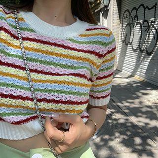 Rainbow Striped Color Block Cropped Knit T-shirt Stripe - One Size