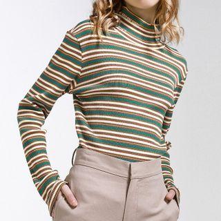 Mock-neck Letter Embroidered Striped Knit Top