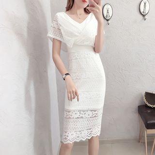 Short-sleeve V-neck Sheath Lace Dress