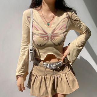 Long Sleeve V-neck Butterfly Graphic T-shirt