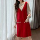 Long-sleeve Tweed Trim Knit A-line Dress