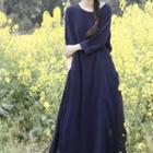 3/4-sleeve Linen Midi A-line Dress Navy Blue - One Size