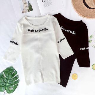 Lettering Embroidered Elbow-sleeve Knit Top