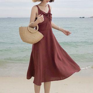 Drawstring Spaghetti Strap Midi A-line Dress