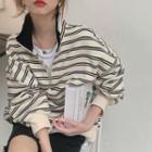 High-neck Striped Zip Sweatshirt Almond - One Size