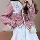 Long-sleeve Wide-collar Eyelet Lace Blouse / Houndstooth Button Jacket / A-line Skirt