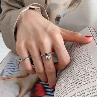 Set Of 2: Heart Pendant / Chained Alloy Ring Set Of 2 - Silver - One Size