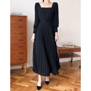 Long Accordion-pleat Dress With Belt