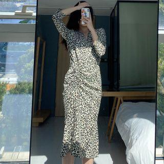 Long-sleeve Leopard Print Print Drawstring Slit Dress
