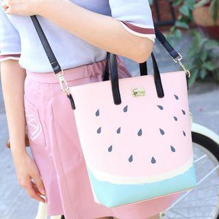 Watermelon Print Faux Leather Tote With Shoulder Strap