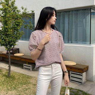 Puff-sleeve Round-neck Lace Top