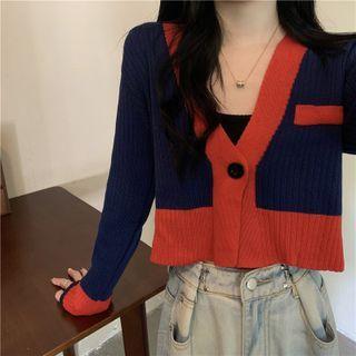 V-neck Color Block Knit Long-sleeve Cardigan