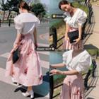 Puff-sleeve Top / Floral Midi Skirt