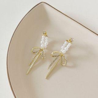 Bow Faux Pearl Alloy Dangle Earring 1 Pair - Silver Stud - Gold - One Size
