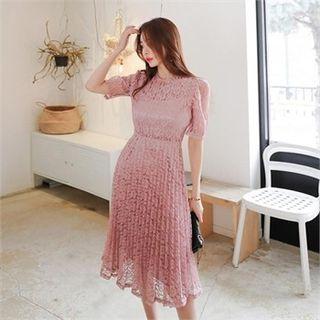 Short-sleeve Accordion-pleat Lace Midi Dress