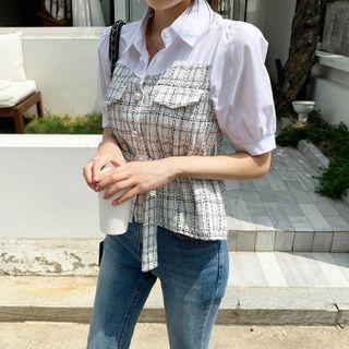 Puff-sleeve Tweed-panel Blouse With Sash