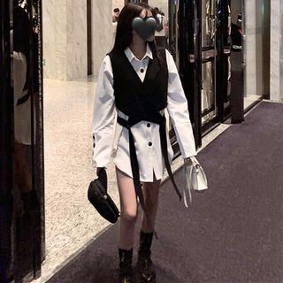 Long-sleeve Buttoned Shirt / Cropped Vest