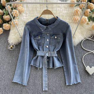 Slit Lace-up Long-sleeve Denim Shirt Jacket Blue - One Size