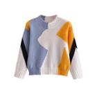 Cropped Color Block Sweater Blue & White & Yellow - One Size