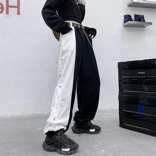 Two-tone Panel Button-side Wide-leg Pants With Belt