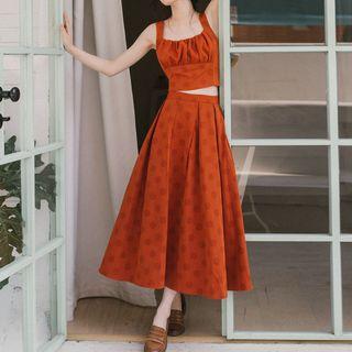 Set: Sleeveless Crinkled Cropped Top + Polka Dot A-line Midi Skirt