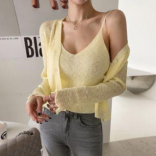 Set: V-neck Sheer Cardigan + Cropped Knit Cami Top
