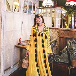 V-neck Embroidered Tassel Maxi A-line Dress