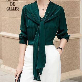Long-sleeve V-neck Tie-strap Blouse
