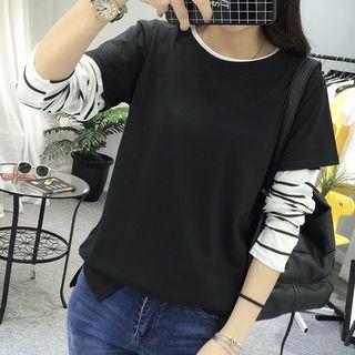 Set: Striped Long-sleeve T-shirt + Short-sleeve Crewneck T-shirt