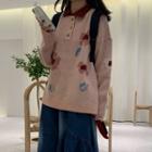 Polo-neck Floral Print Sweater Pink - One Size