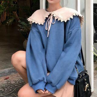 Lace Trim Collared Oversized Pullover