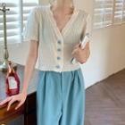 Short-sleeve Lettuce Edge Button-up Crop Top / Wide Leg Cropped Dress Pants