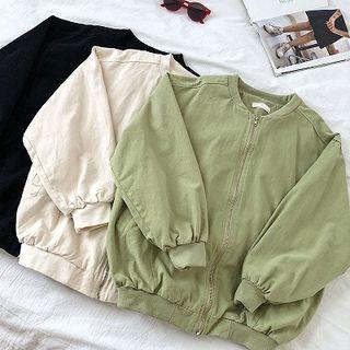 Plain Crewneck Double-pocket Long-sleeve Jacket