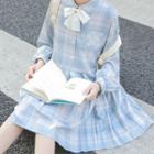 Long-sleeve Plaid Pleated Midi A-line Shirtdress