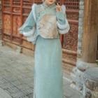 Long-sleeve Fluffy Trim Midi Sheath Qipao Dress