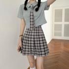 Neck Tie Short-sleeve Polo Shirt / Plaid Pleated Skirt
