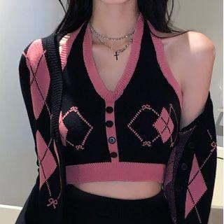 Halter Argyle Cropped Knit Top Knit Top - One Size
